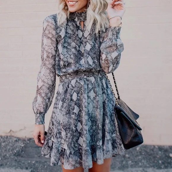 Wayf Dresses | Wayf | Smocked Waist Long Sleeve Grey Python Dress | Color: Gray/Silver | Size: Xs | Katiie's Closet Wayf Dresses | Wayf | Smocked Waist Long Sleeve Grey Python Dress | Color: Gray/Silver | Size: Xs | Katiie's Closet